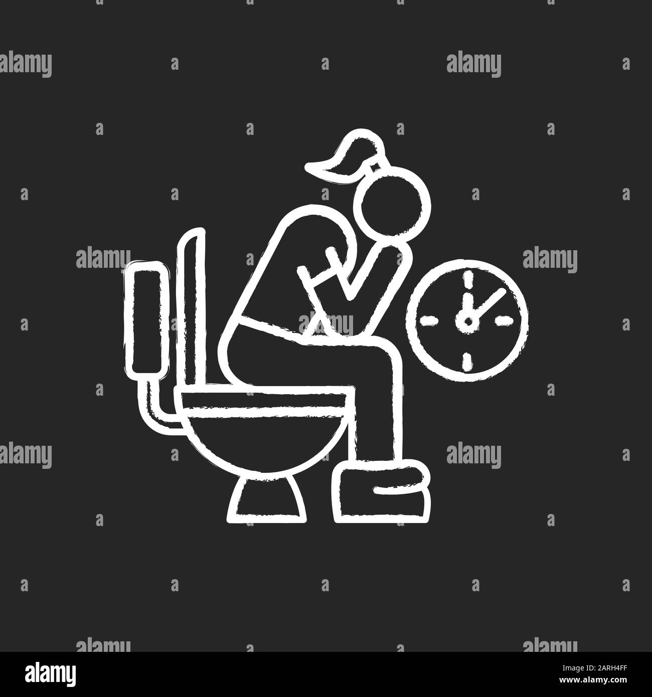Constipation chalk icon. Menstruation pain. Period problem. Girl with hemorrhoids in lavatory. Woman on toilet. Digestive tract problem. Stomach ache. Stock Vector