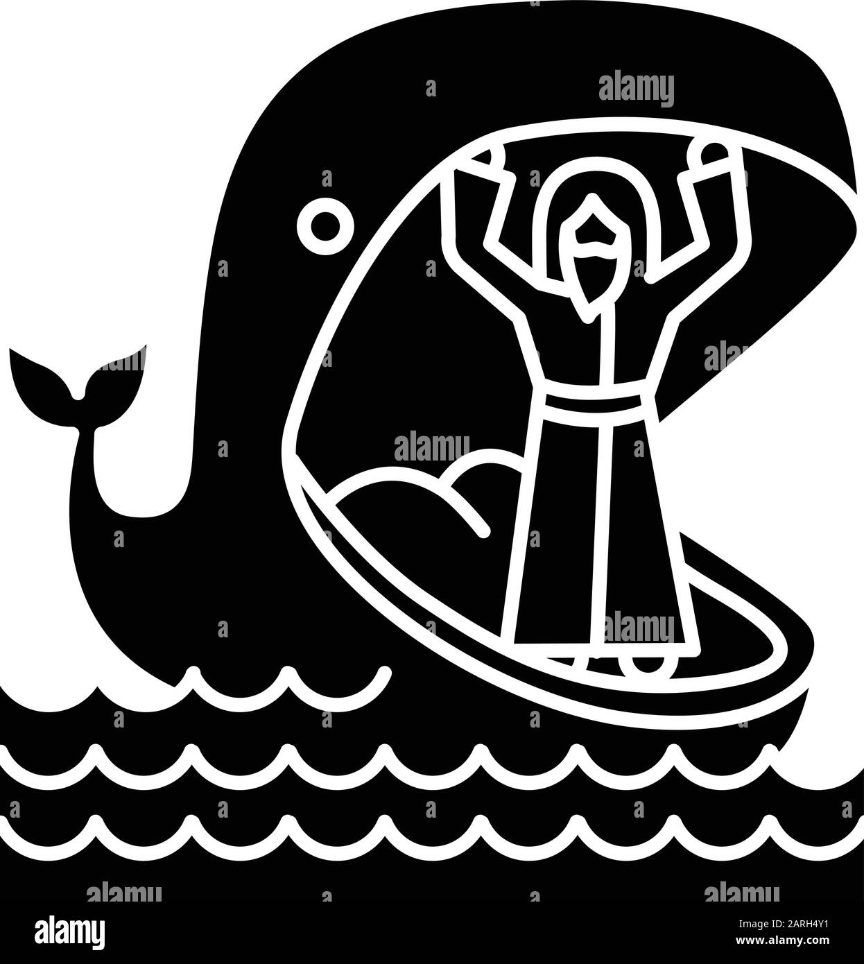 Jonah and whale glyph icon. Old Testament story. Jonahs miraculous return from jaws of huge fish. Repentance and forgiveness. Silhouette symbol. Negat Stock Vector