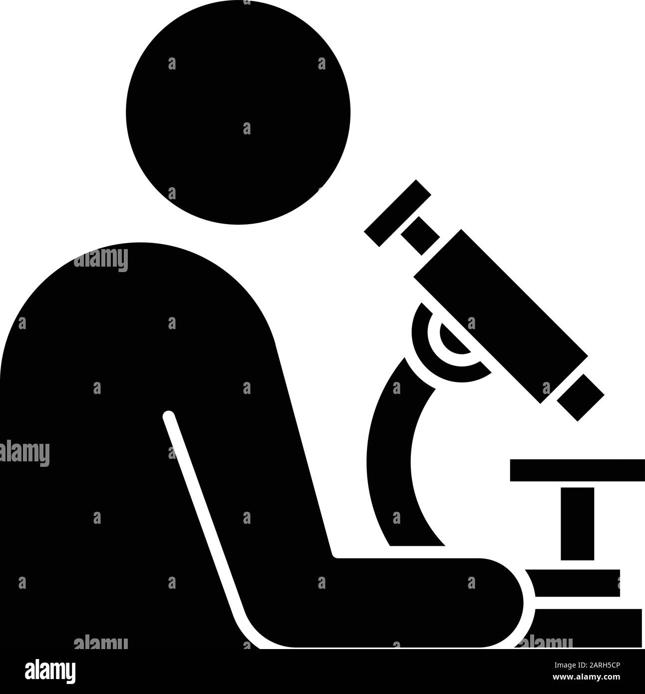 Man with microscope glyph icon. Scientist at work. Organic chemistry. Laboratory research. Conducting biological experiments. Silhouette symbol. Negat Stock Vector