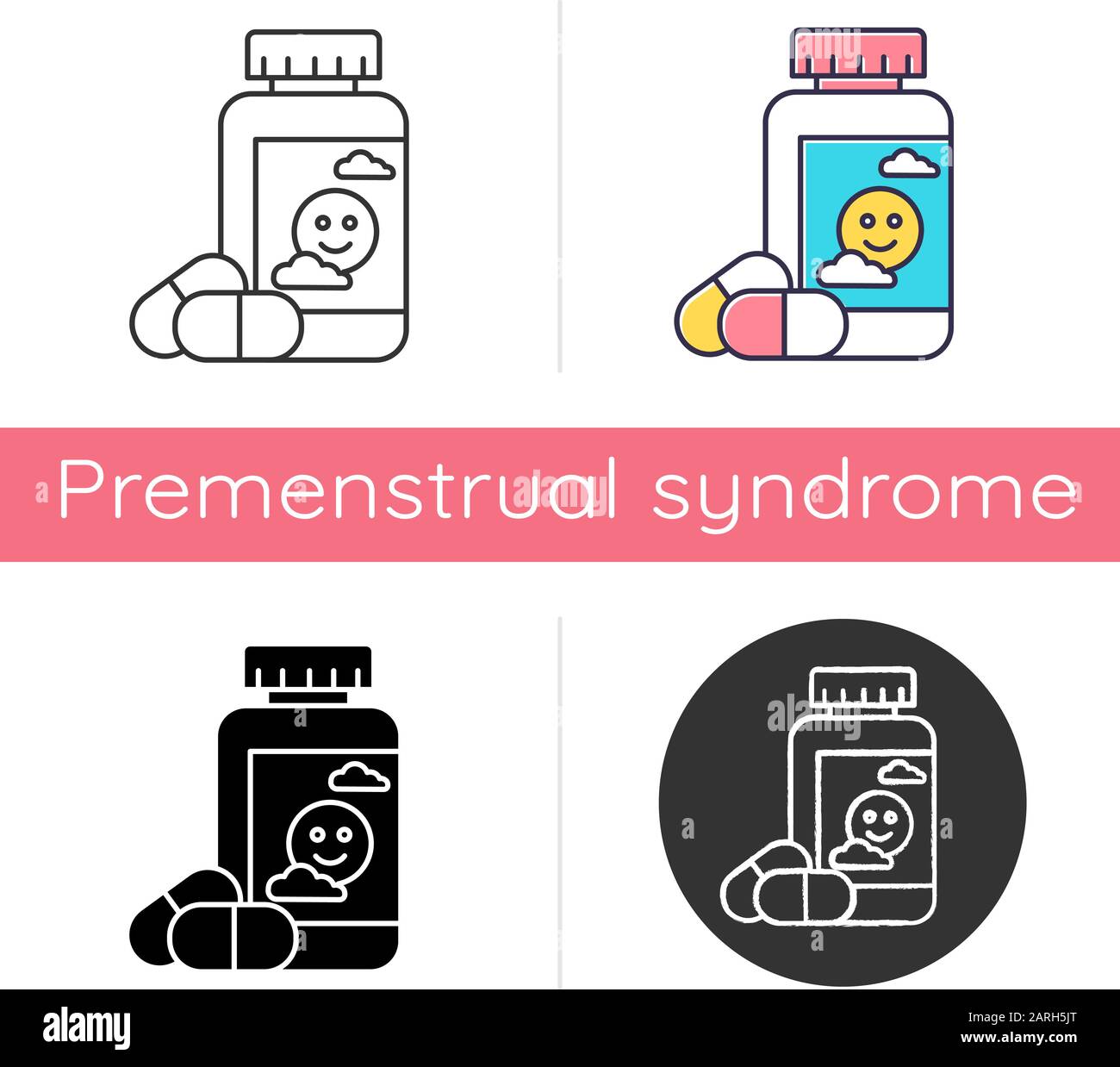 Antidepressant icon. Depression medication. Pills and drugs in bottle. Painkiller and supplement. Psychological problem aid. Flat design, linear and c Stock Vector