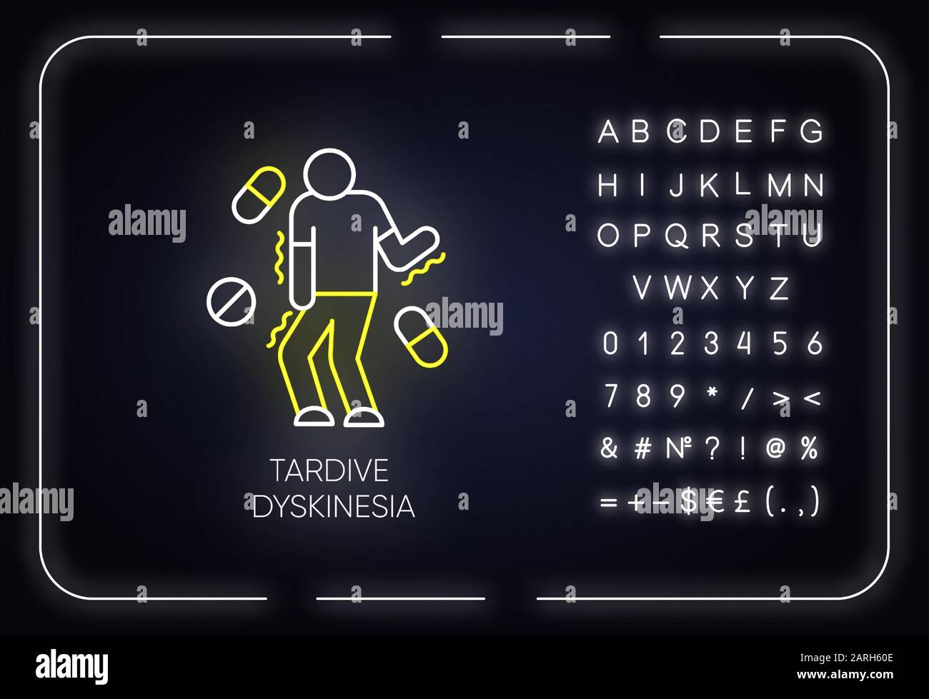 Tardive dyskinesia neon light icon. Tremor from medication. Movement problem. Chorea, athetosis. Mental disorder. Glowing sign with alphabet, numbers Stock Vector