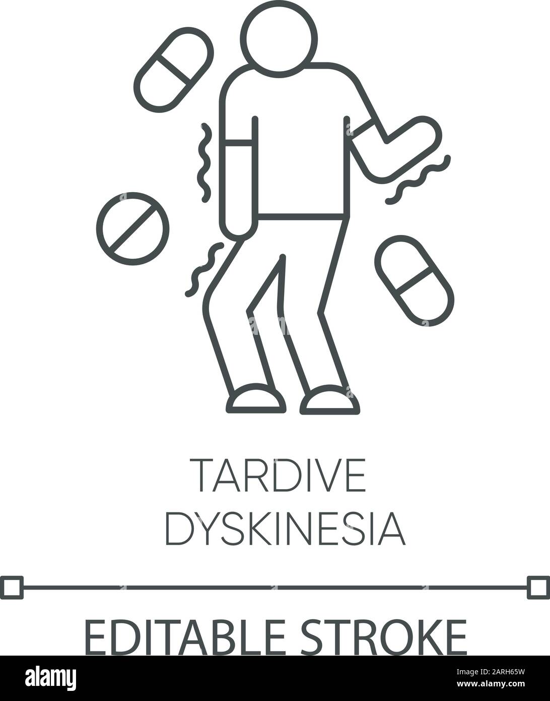 Tardive dyskinesia linear icon. Tremor from medication. Movement problem. Chorea, athetosis. Mental disorder. Thin line illustration. Contour symbol. Stock Vector