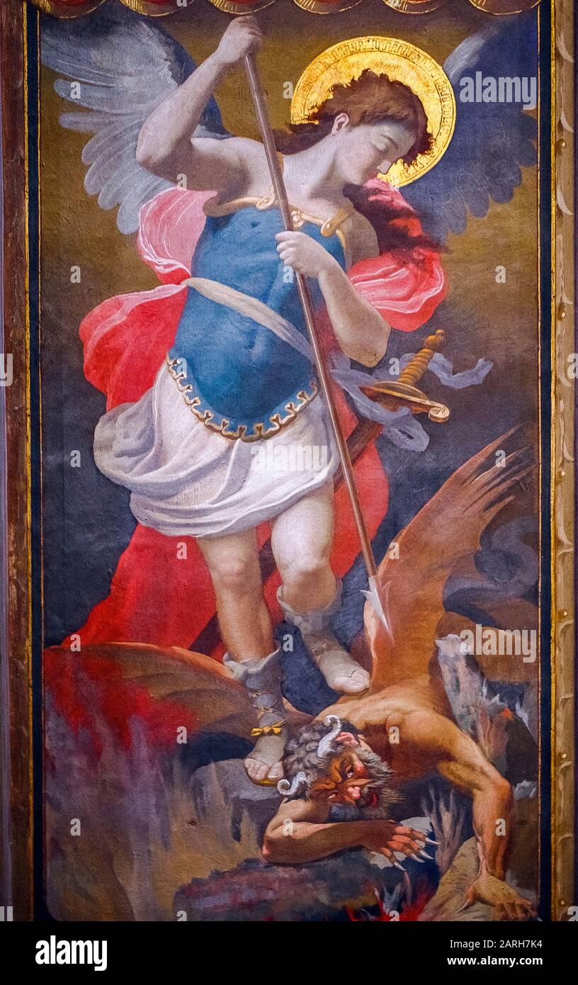 Italy Emilia Romagna Ferrara - San Giorgio Cathedral - St. Michael the Archangel and the devil Stock Photo