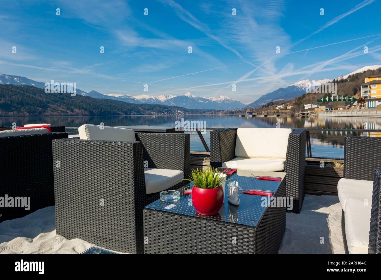 Luxury lake resort with spectacular mountain view. Stock Photo