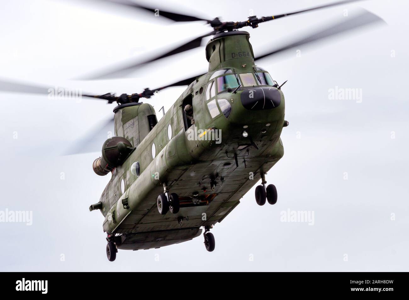 DEN HELDER, THE NETHERLANDS - JUNE 23: Royal Netherlands Air Force Boeing CH-47D Chinook transport helicopter about to land. Stock Photo