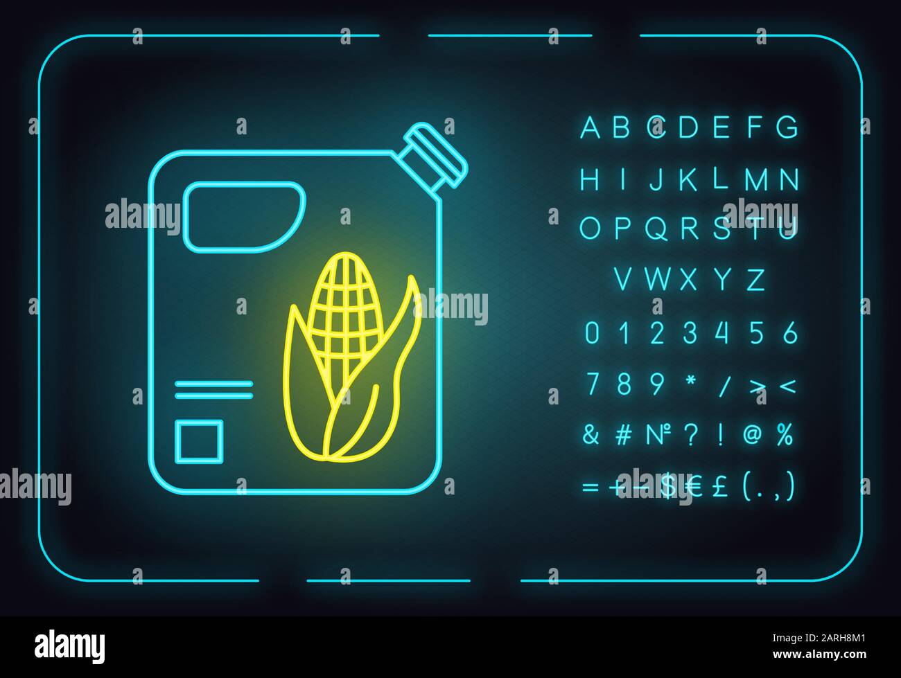 Plastic bottle of corn oil neon light icon. Organic chemistry