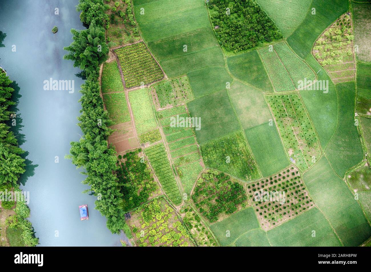 Bird view at Chinese countryside with colorful fields in Guanxi province. Stock Photo