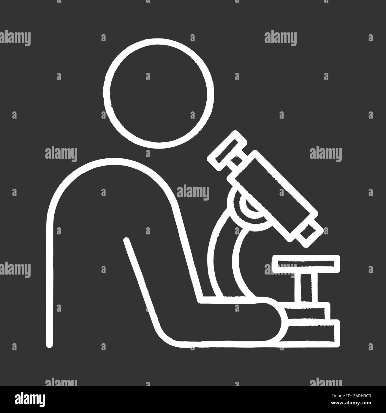Man with microscope chalk icon. Scientist, doctor at work. Organic chemistry. Laboratory research. Conducting biological experiments. Medical analysis Stock Vector