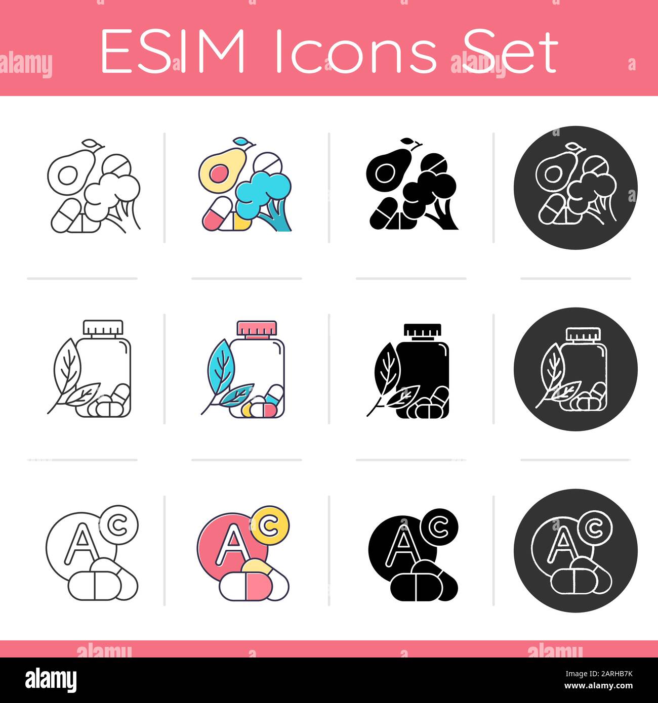 Vitamin intake icons set. Vegetables for healthcare. Pharmaceutical aid ...