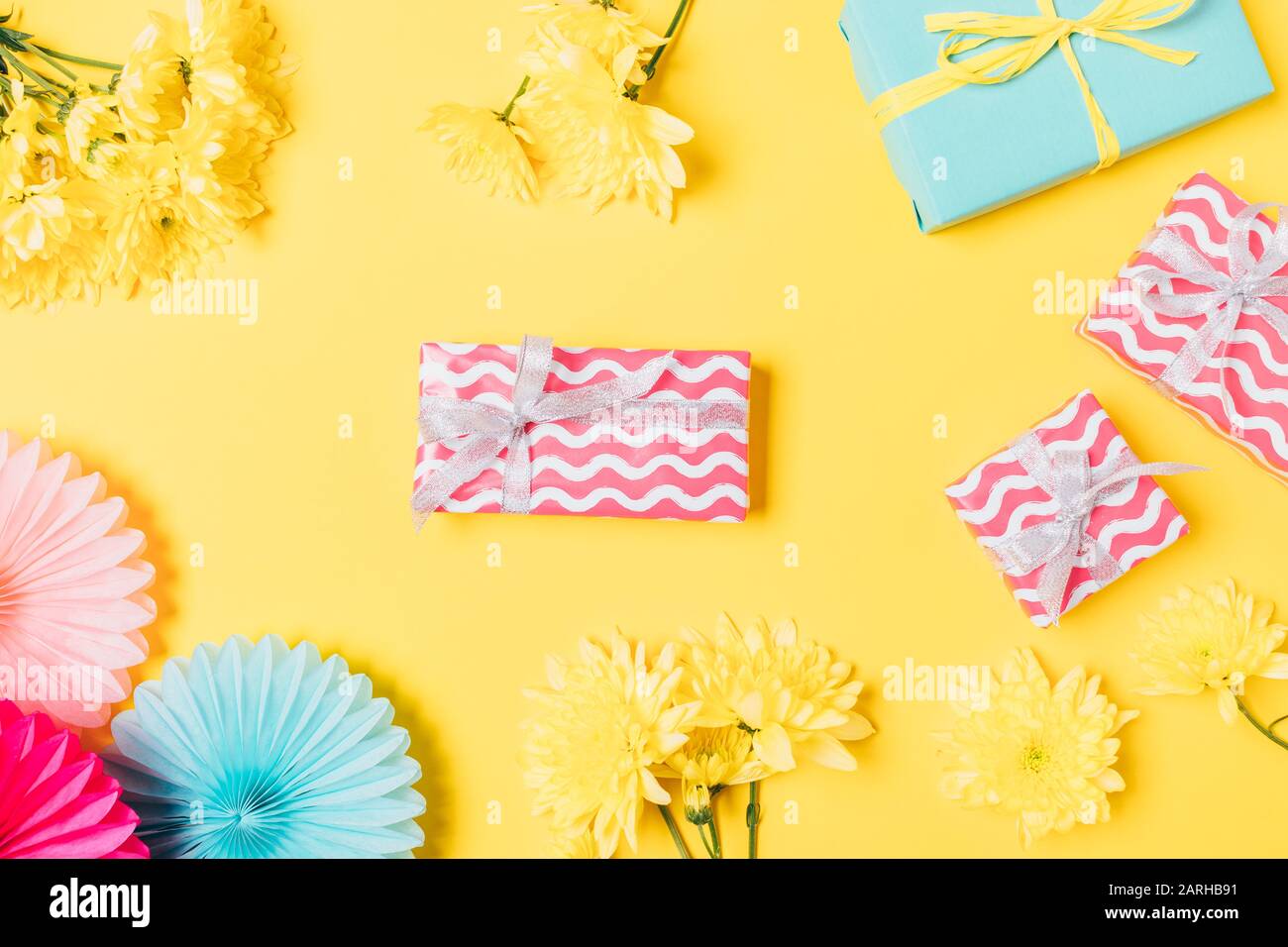 Festive Flat Lay Composition Gift Boxes Flowers And Party