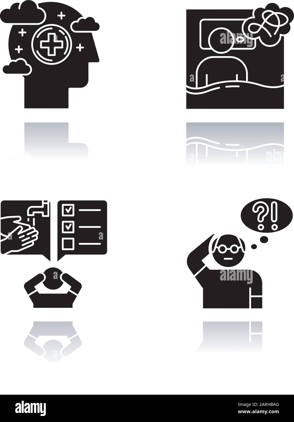 Mental disorder drop shadow black glyph icons set. Insomnia and sleep ...