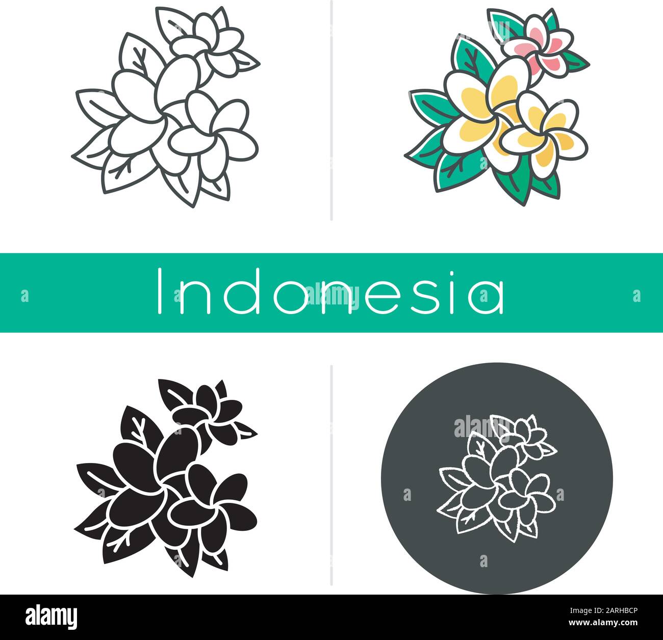 Plumeria icon. Exotic region flowers. Nature of Indonesian jungles. Small tropical plants. Blossom of frangipani with leaves. Linear, black, chalk and Stock Vector