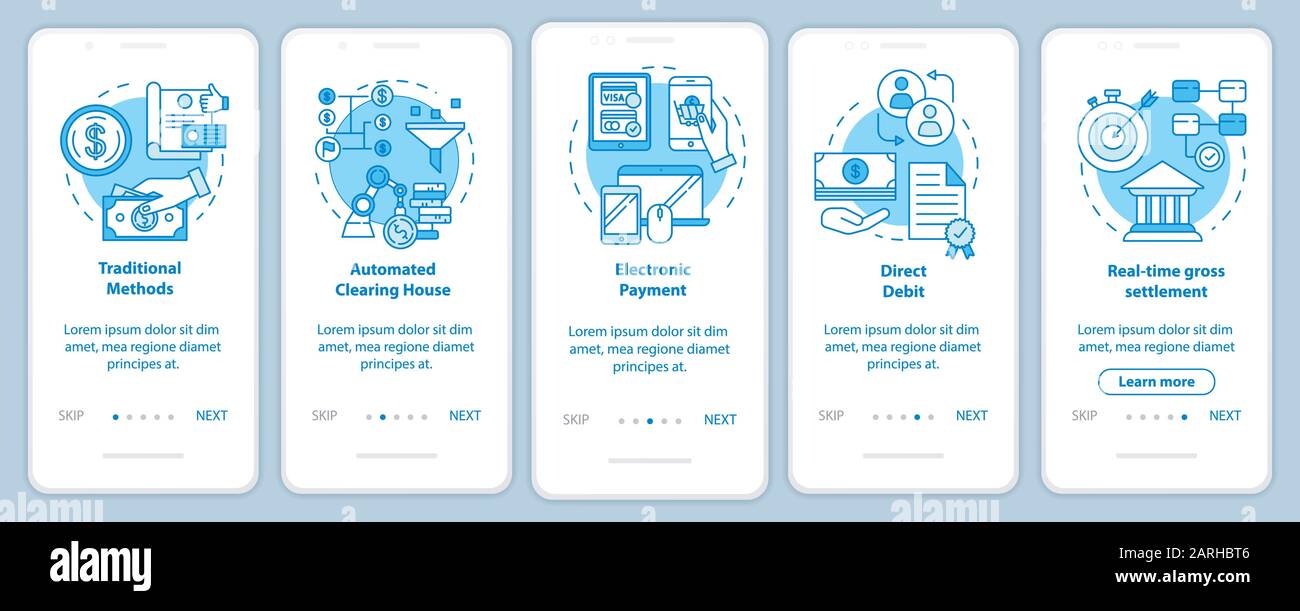 Payment systems onboarding mobile app page screen with linear concepts. Electronic payment. Direct debit. Five walkthrough steps graphic instructions. Stock Vector