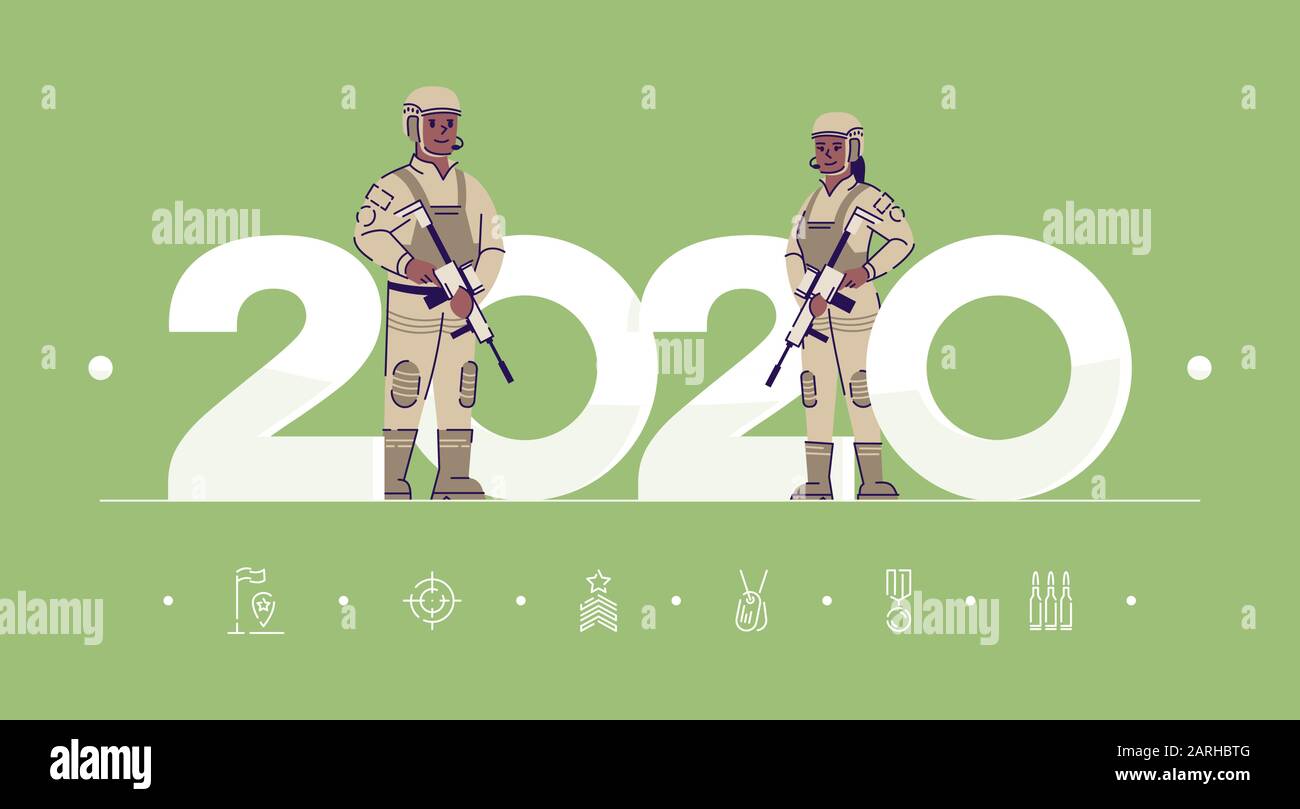 Professions 2020 flat banner vector template. Soldiers isolated cartoon characters on green. People in military uniform with weapon. Banner, brochure Stock Vector