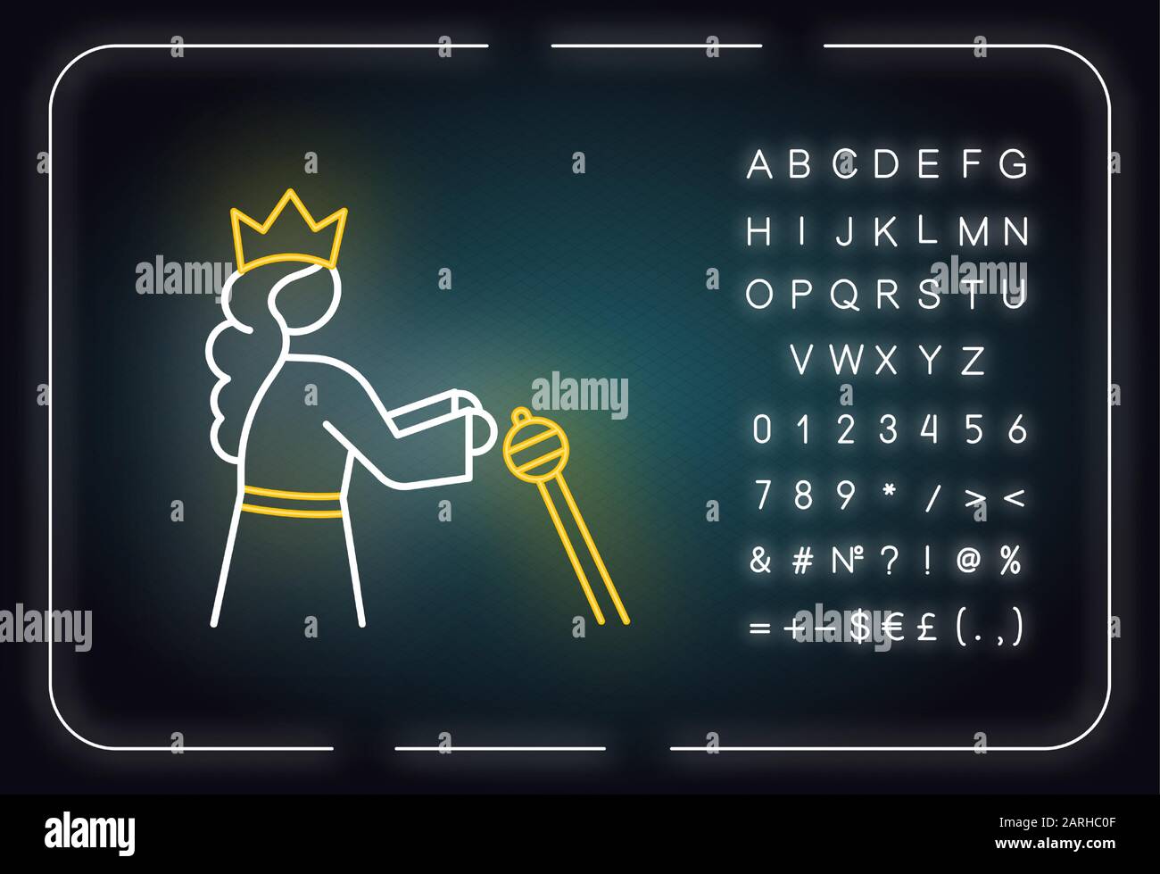 Queen Esther Bible story neon light icon. Persian queen in crown. Old Testament Biblical religious narrative. Glowing sign with alphabet, numbers and Stock Vector