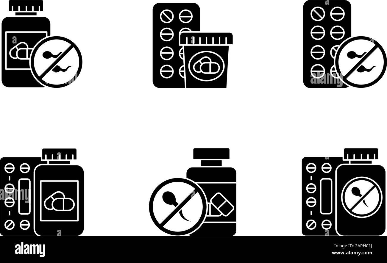 Birth control glyph icons set. Medication and pills. Unwanted pregnancy prevention. Oral contraceptive. Female pharmaceutical. Predmenstrual syndrome. Stock Vector