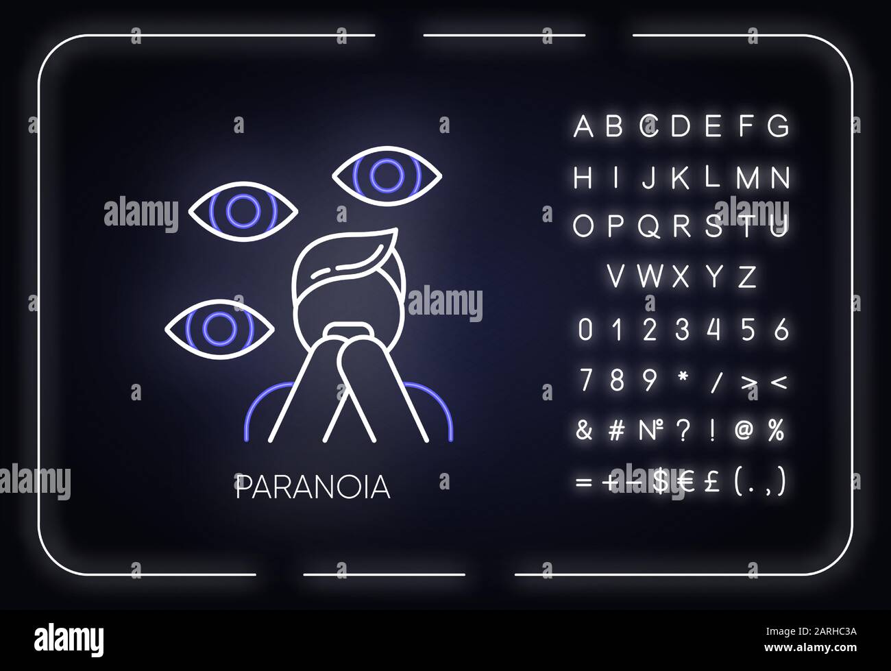Paranoia neon light icon. Panic attack. Scared person. Fear, phobia. Terrified man. Stress and anxiety. Mental disorder. Glowing sign with alphabet, n Stock Vector