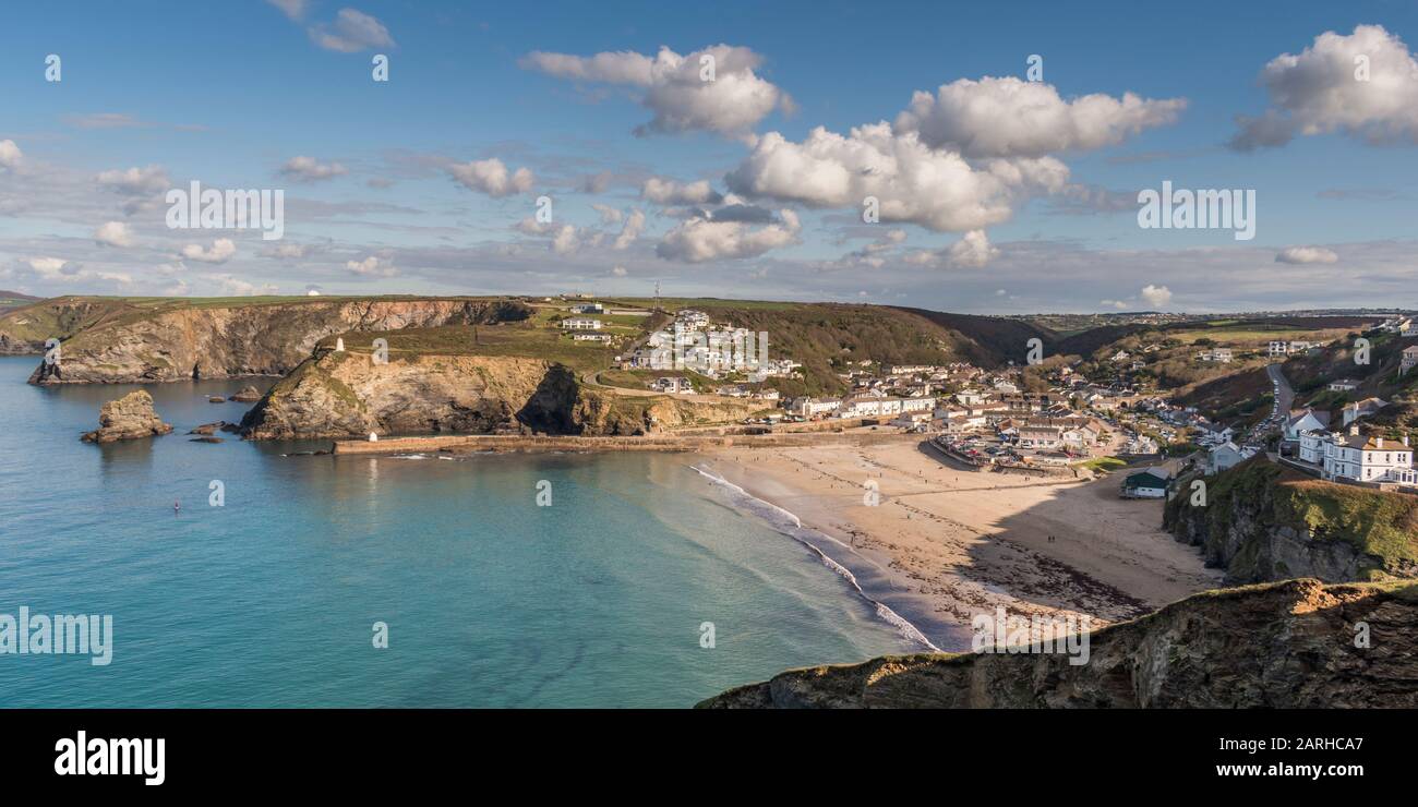 The coastal town of Portreath viewed from the south west coast path, Cornwall, UK Stock Photo
