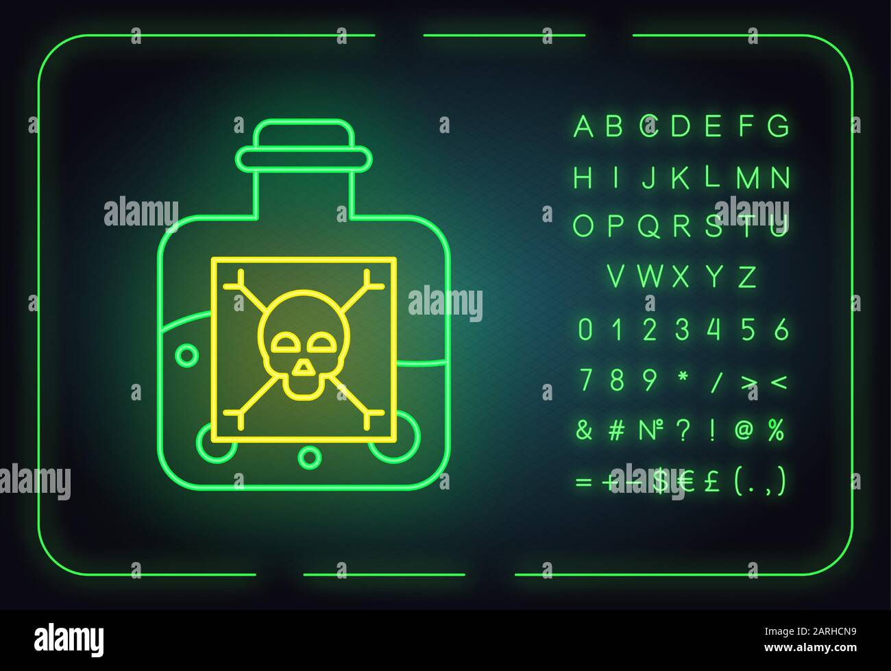 Poison neon light icon. Hazardous chemicals. Green poison in bottle