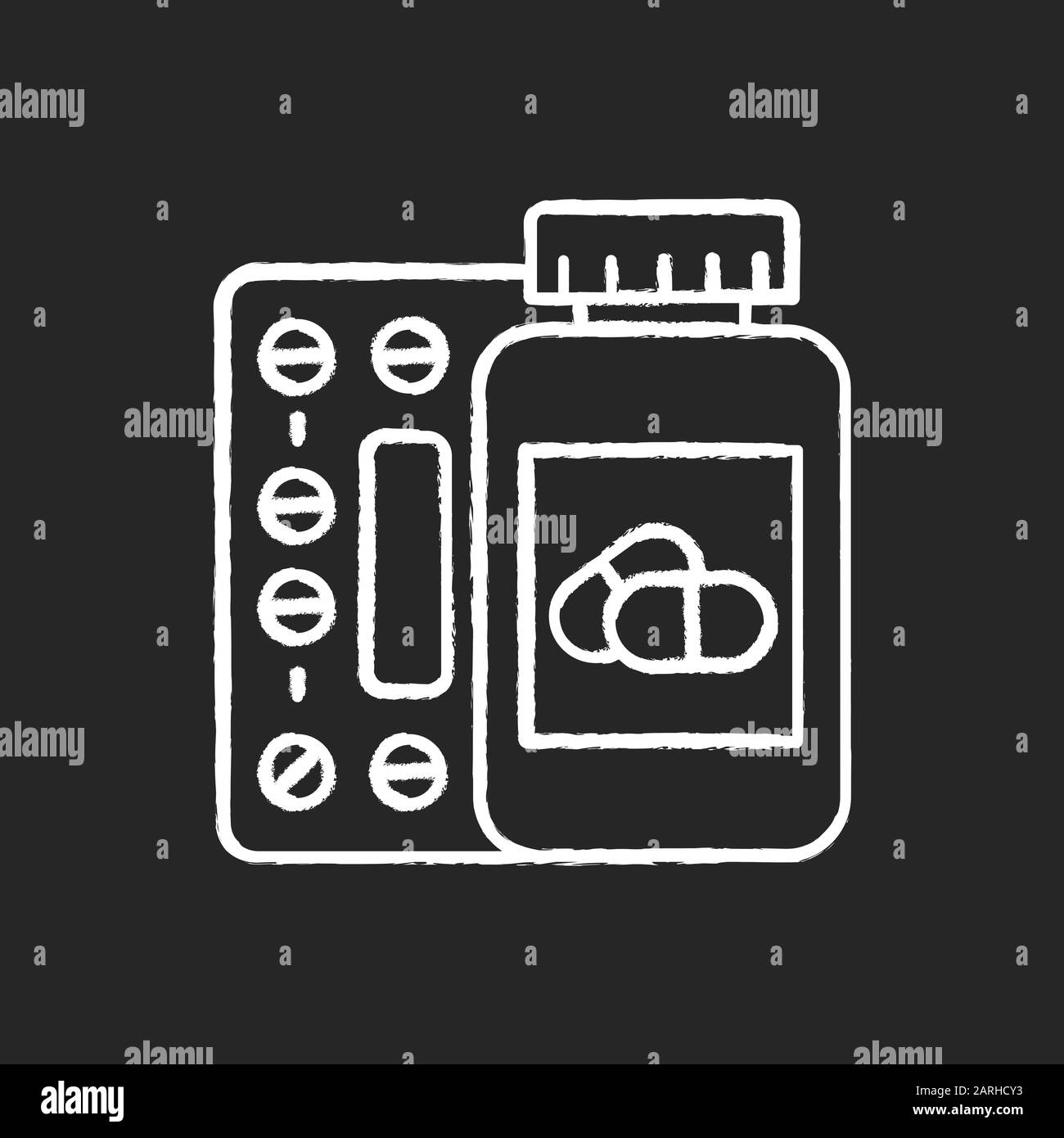 Medication chalk icon. Pills in bottle. Prescription and supplement. Medical product. Pharmaceutical medicament. Tablets and capsules. Painkiller dose Stock Vector