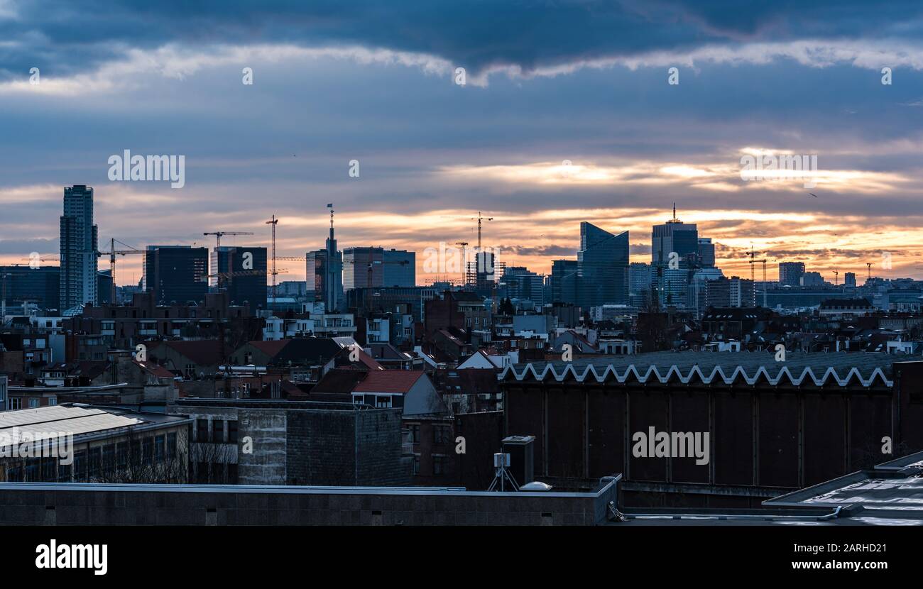 Jette, Brussels Capital Region/ Belgium -  01 24 2020: Extra large panoramic view over the skyline of North, West and Central Brussels during sunrise Stock Photo