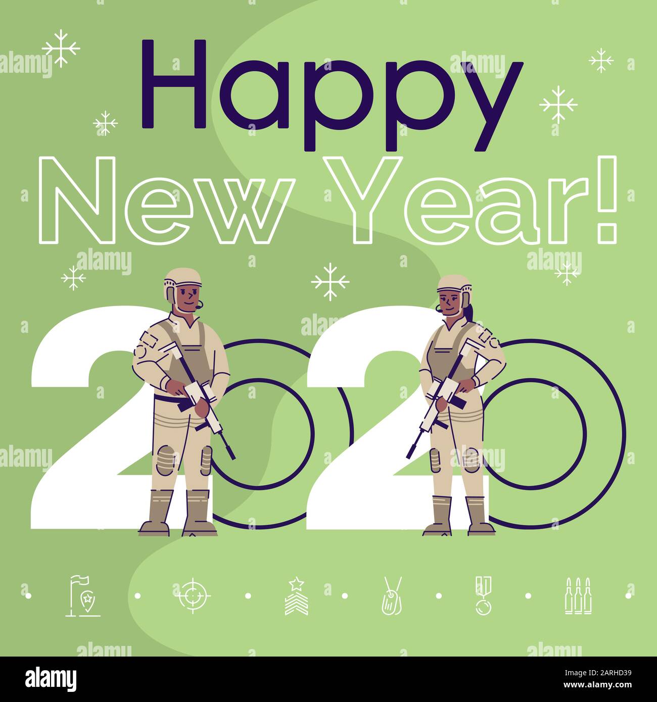 Profession social media post mockup. Happy new year 2020 phrase. Web banner design template. Soldiers with weapon booster, content layout with inscrip Stock Vector