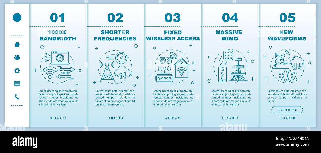 5G technologies onboarding mobile web pages vector template. Massive MIMO. Responsive smartphone website interface idea with linear illustrations. Web Stock Vector