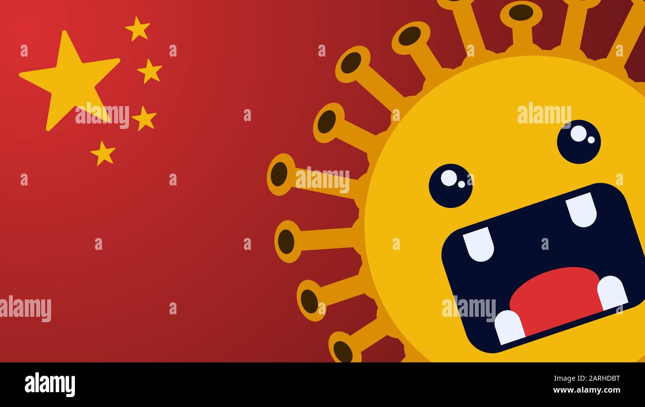 Corona virus cartoon character and China flag image. Vector illustration concept of the viral infection of the corona virus in China. Stock Photo