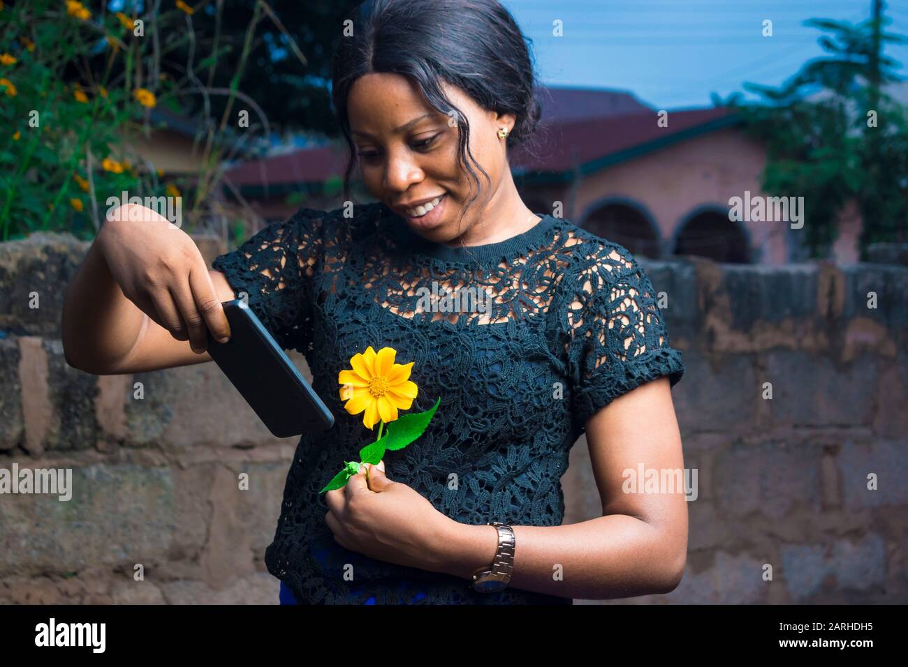 young african woman holding a flower checks her mobile phone Stock Photo