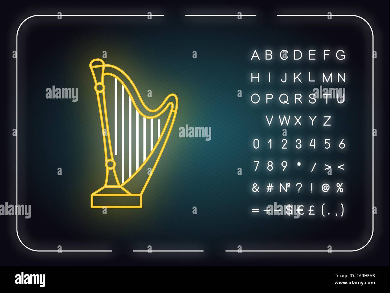 Psalms of David Bible story neon light icon. Golden harp, sacred