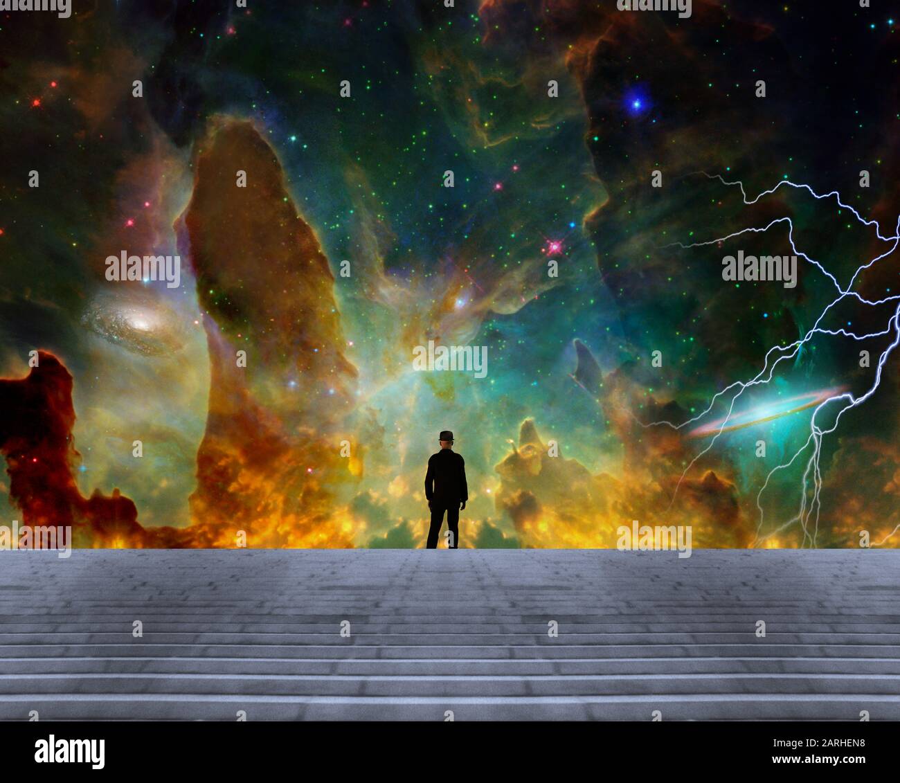 Sci-fi composition. Stargazer. Man in classic suit and bowler hat ...