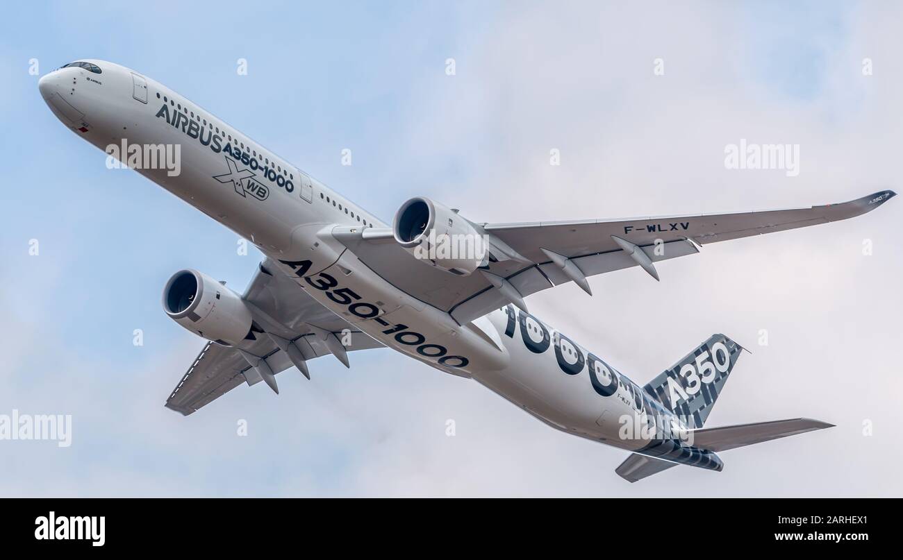 The airbus A350-1000 which came into service in February 2018. Seats 366 people and you can barely hear it in flight! Stock Photo
