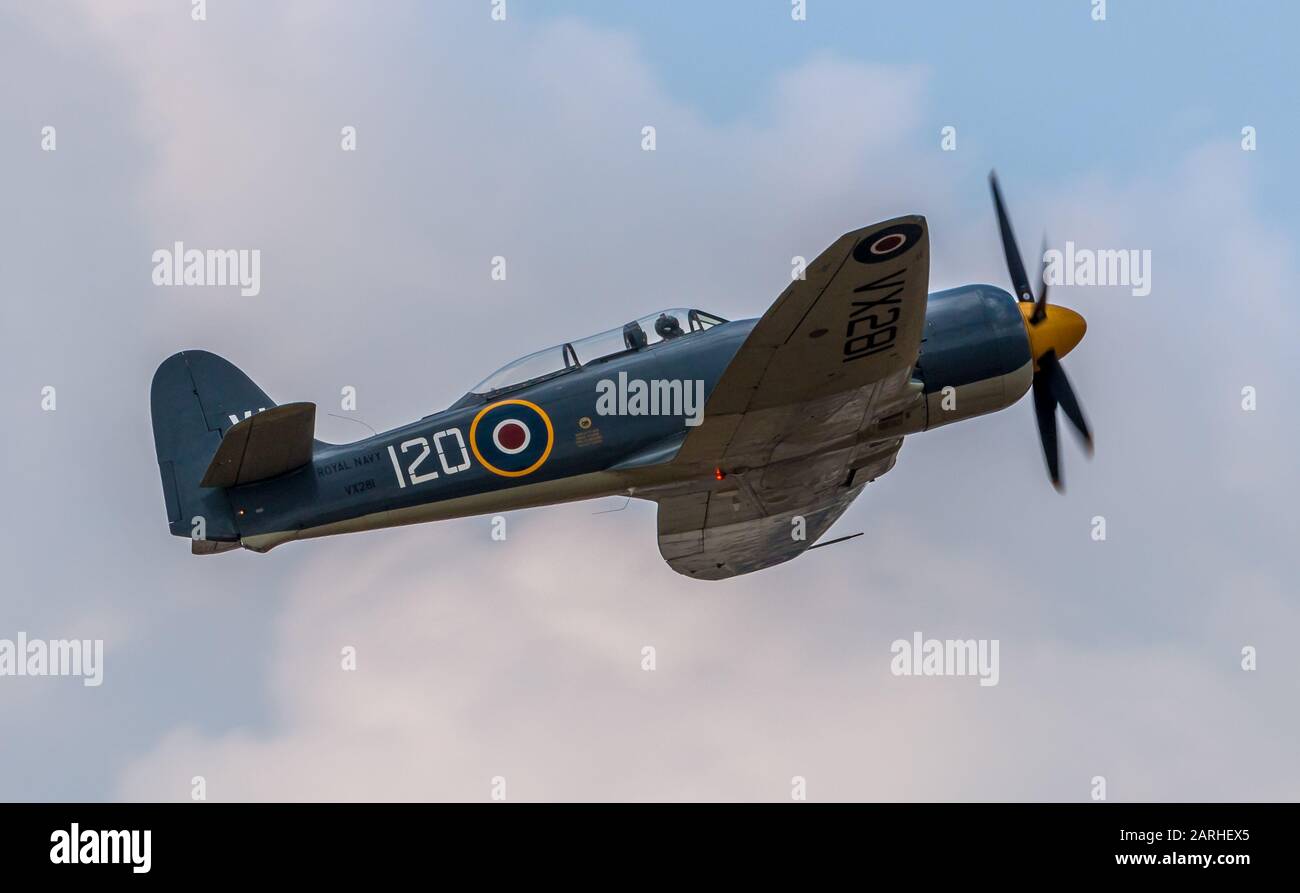 The Hawker Sea Fury is a British fighter aircraft designed and manufactured by Hawker.  Engine is a Bristol Centaurus, and it has 4 x wing-mounted His Stock Photo