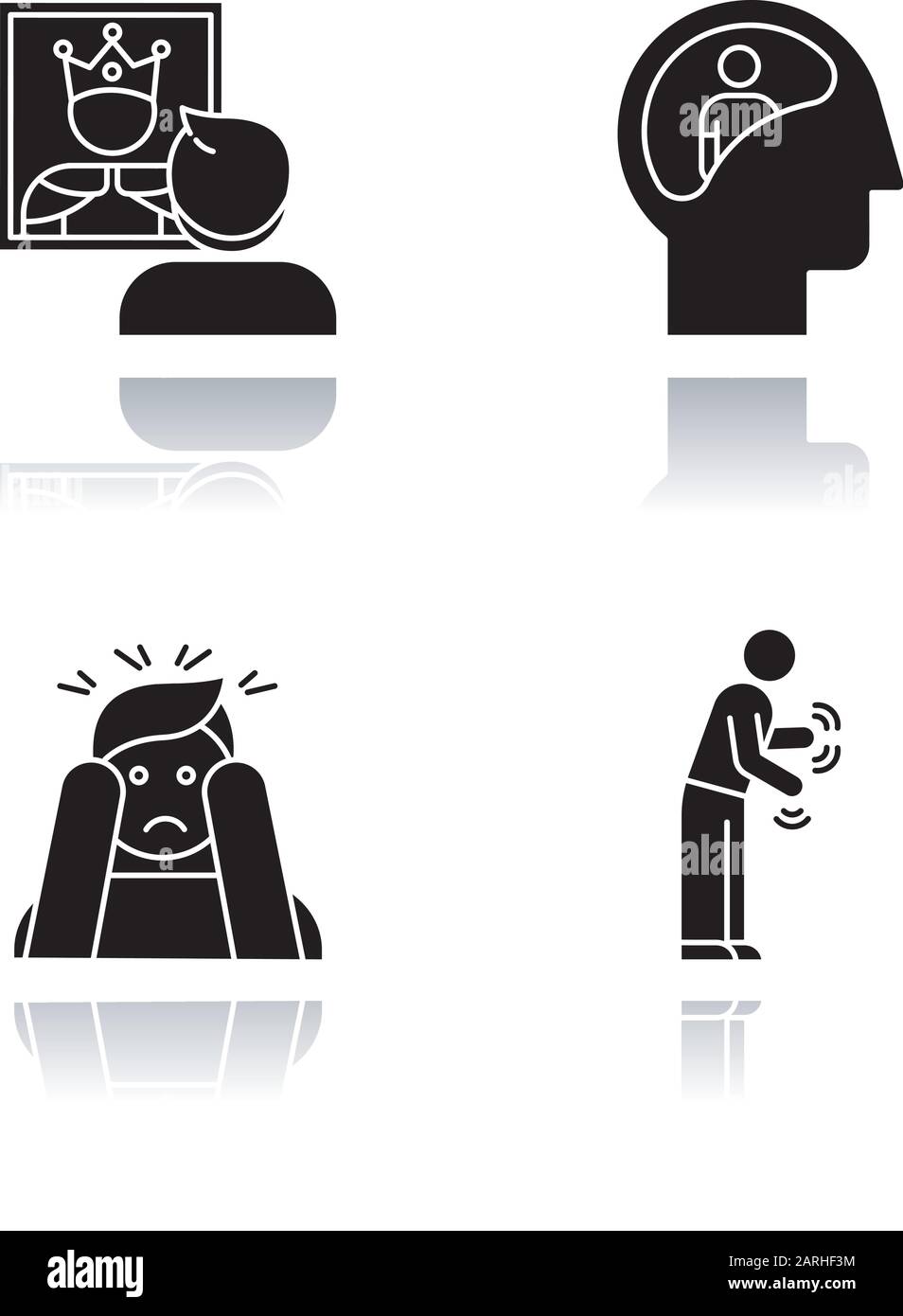 Mental disorder drop shadow black glyph icons set. Delusional person ...