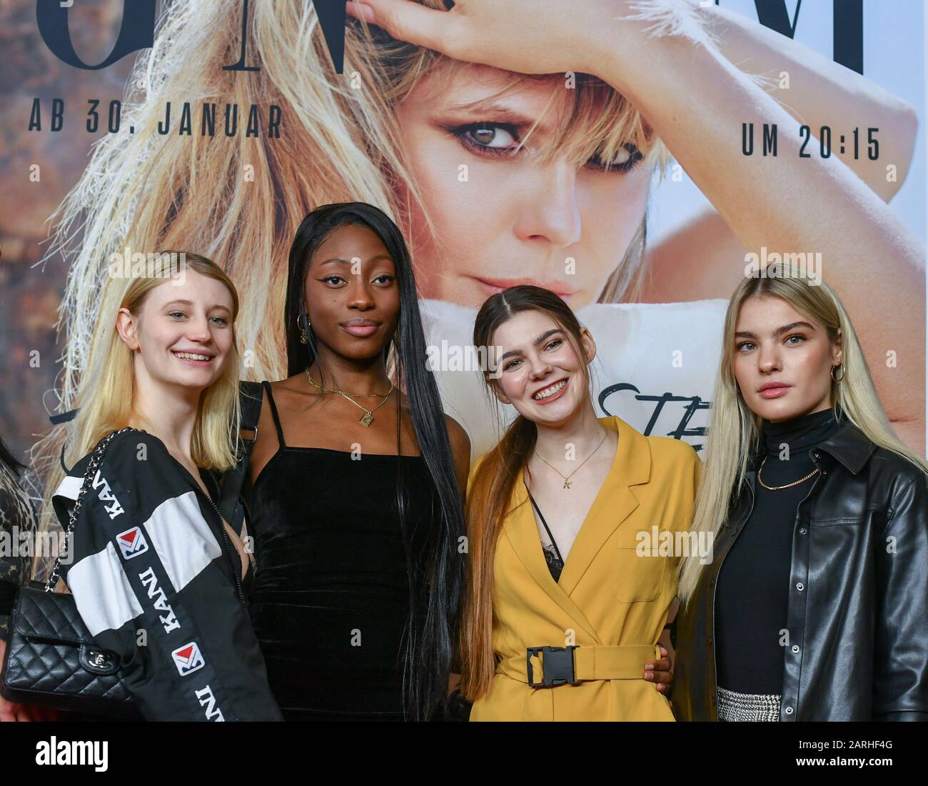 Berlin, Germany. 27th Jan, 2020. The models Trixi Giese (l-r), Toni  Dreher-Adenuga, Klaudia with K and Sarah Almoril at the exclusive cinema  preview of the 15th season of "Germany's next Topmodel -