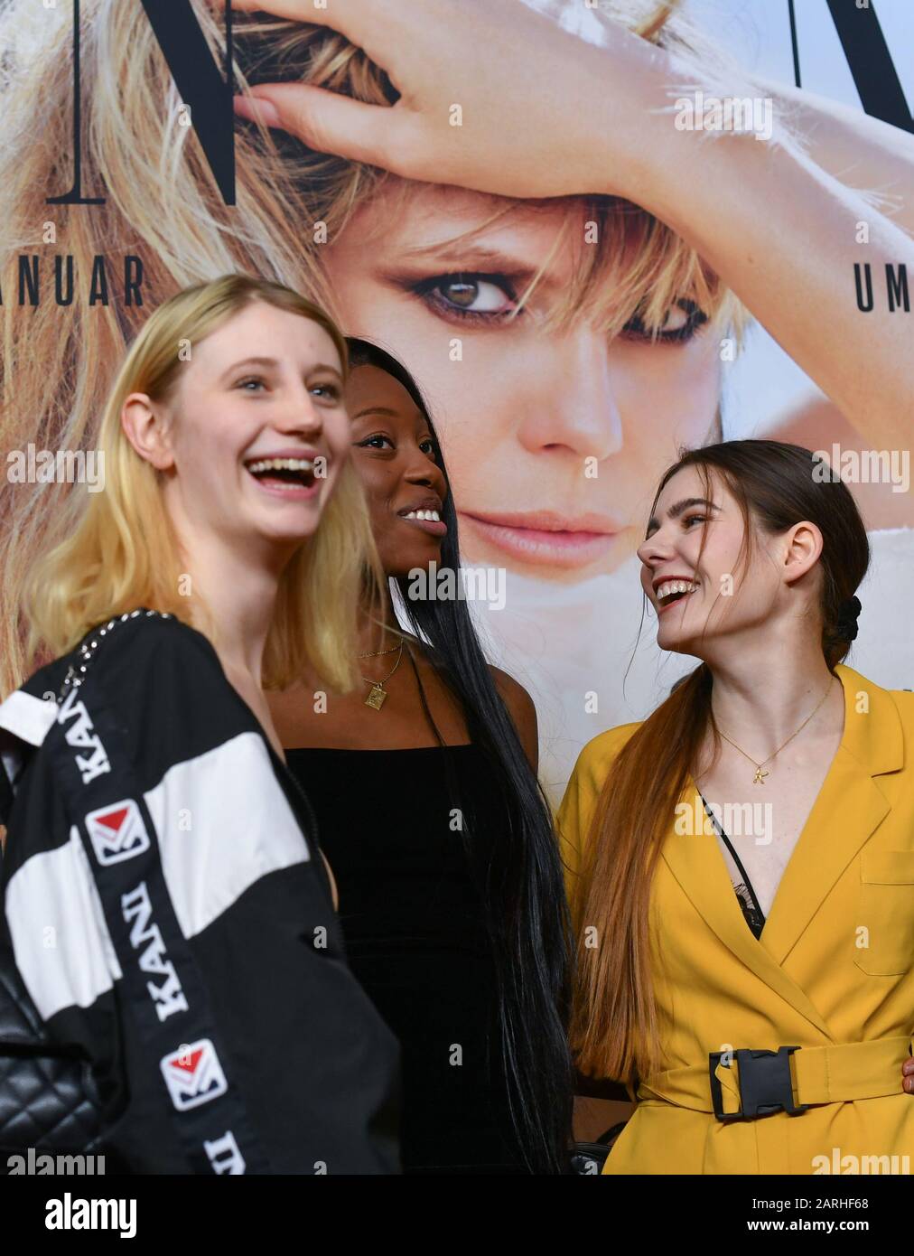 Berlin, Germany. 27th Jan, 2020. The models Trixi Giese (l-r), Toni Dreher-Adenuga and Klaudia with K at the exclusive cinema preview of the 15th season 'Germany's next Topmodel - by Heidi Klum' by ProSieben in the cinema Zoo Palast in front of photos by Heidi Klum. Credit: Jens Kalaene/dpa-Zentralbild/ZB/dpa/Alamy Live News Stock Photo