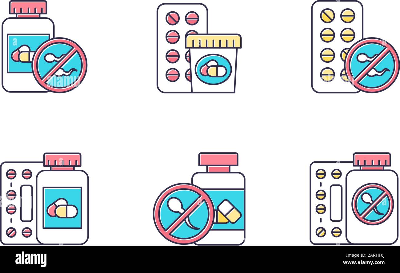 Birth control color icons set. Medication and pills. Unwanted pregnancy prevention. Oral contraceptive. Female pharmaceutical aid. Predmenstrual syndr Stock Vector