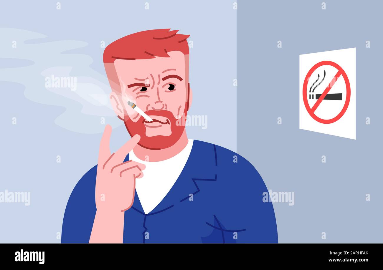 Smoke addiction flat vector illustration. Cigarette smoker. Smoking in public place. Unhealthy dependence to nicotine. Bearded man with cigarette in p Stock Vector