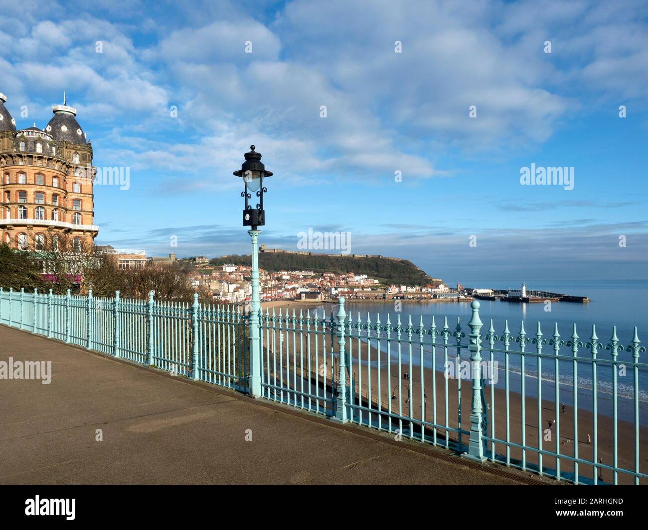 View over the South Bay from the Spa Bridge and Grand Hotel in Scarborough North Yorkshire England Stock Photo
