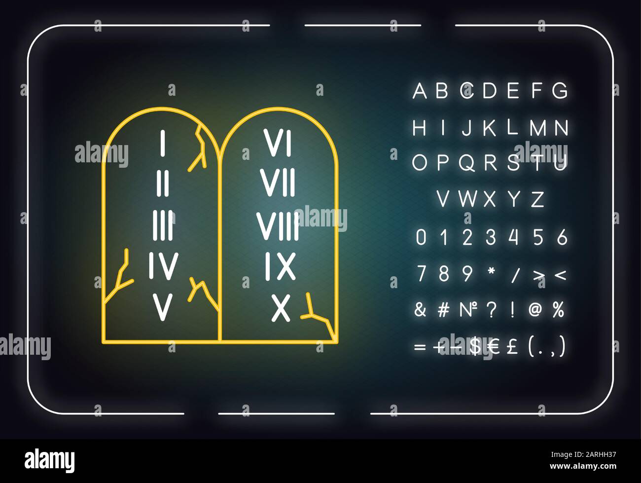 Ten Commandments Bible story neon light icon. Biblical laws written on