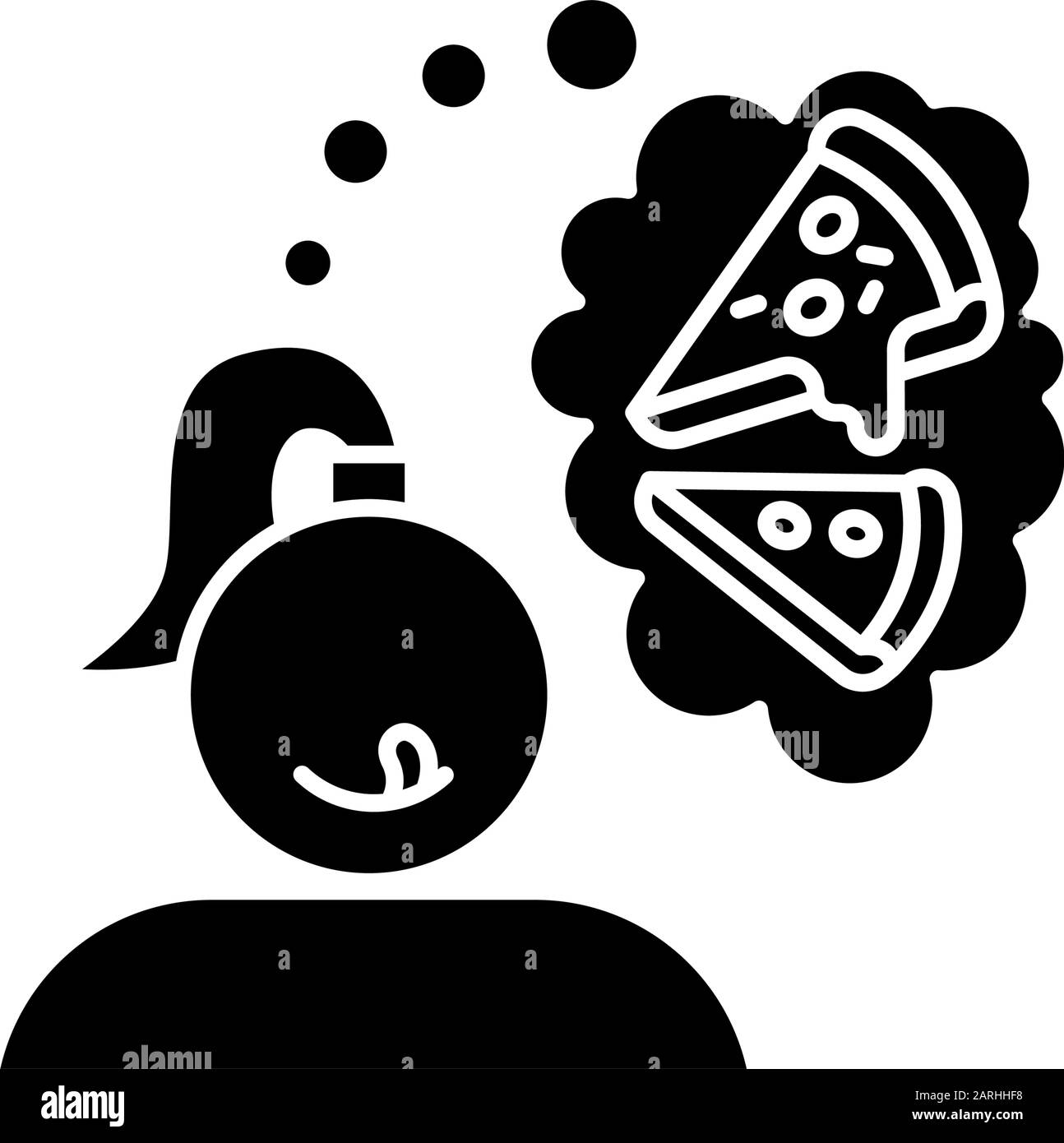 Pizza craving glyph icon. Woman thinking of fast food. Unhealthy treat ...