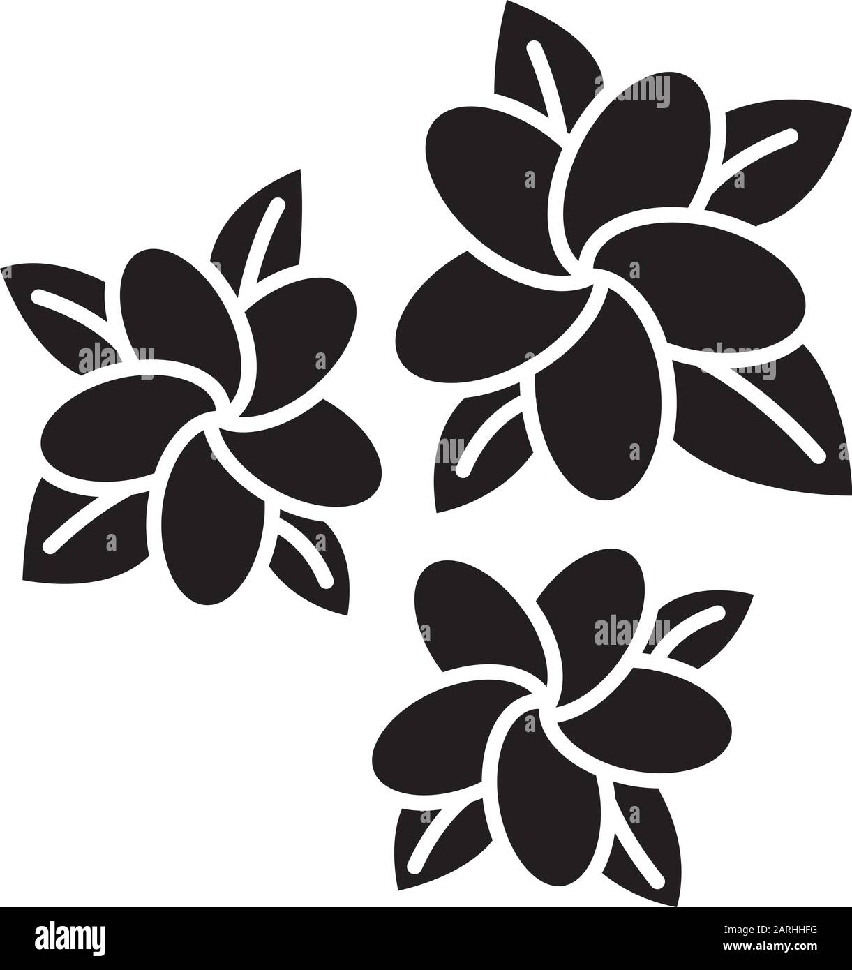 Plumeria glyph icon. Three exotic region flowers. Flora of Indonesian jungles. Small tropical plants. Blossom of frangipani with leaves. Silhouette sy Stock Vector