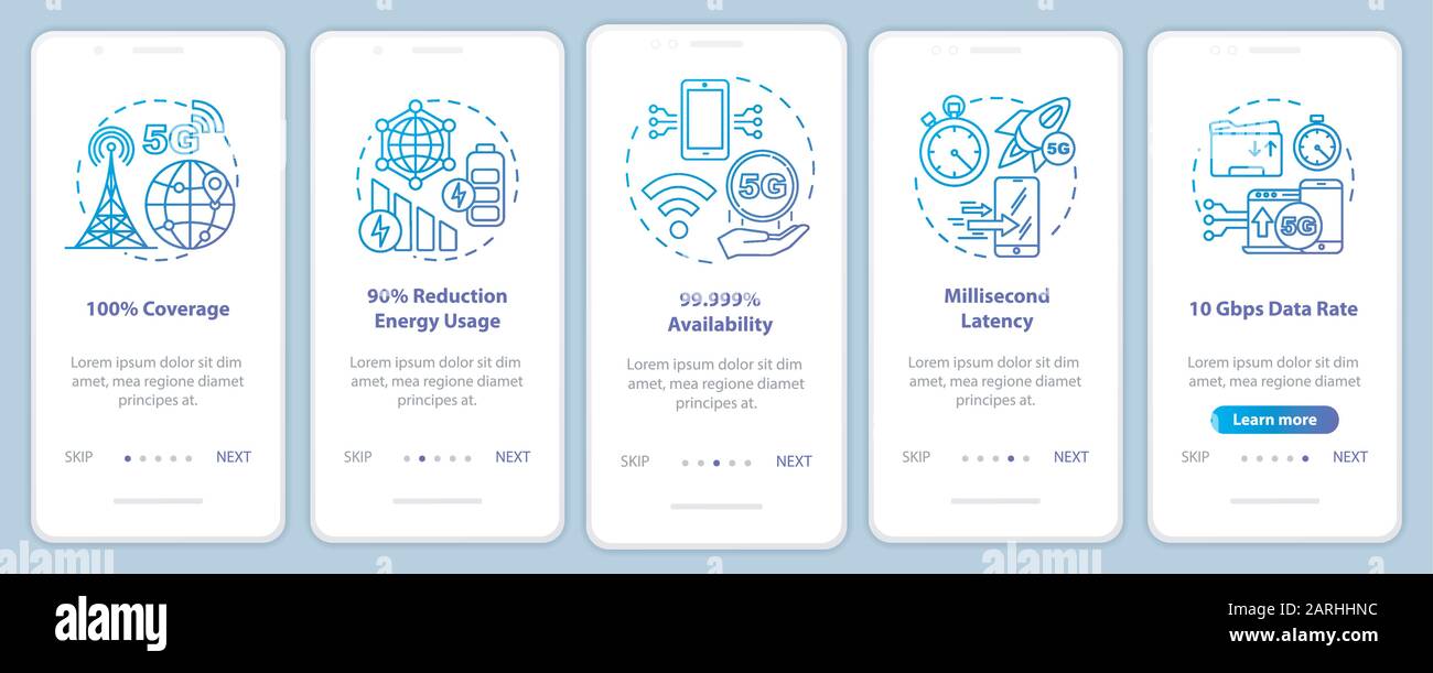5G technologies onboarding mobile app page screen vector template. 100% coverage. Millisecond latency. Walkthrough website steps with linear illustrat Stock Vector