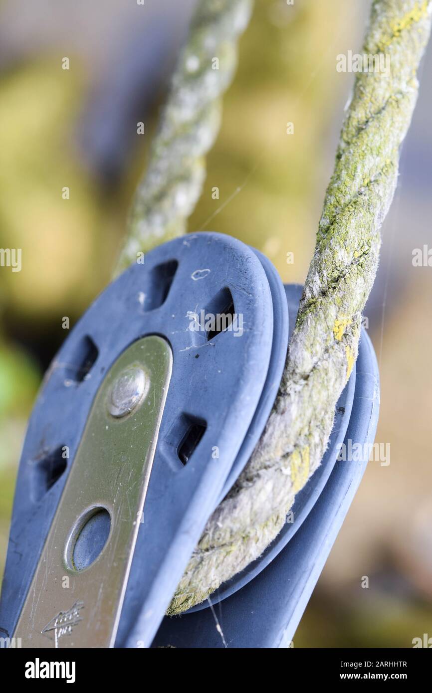 Pulley - The rigging element on the boat Stock Photo