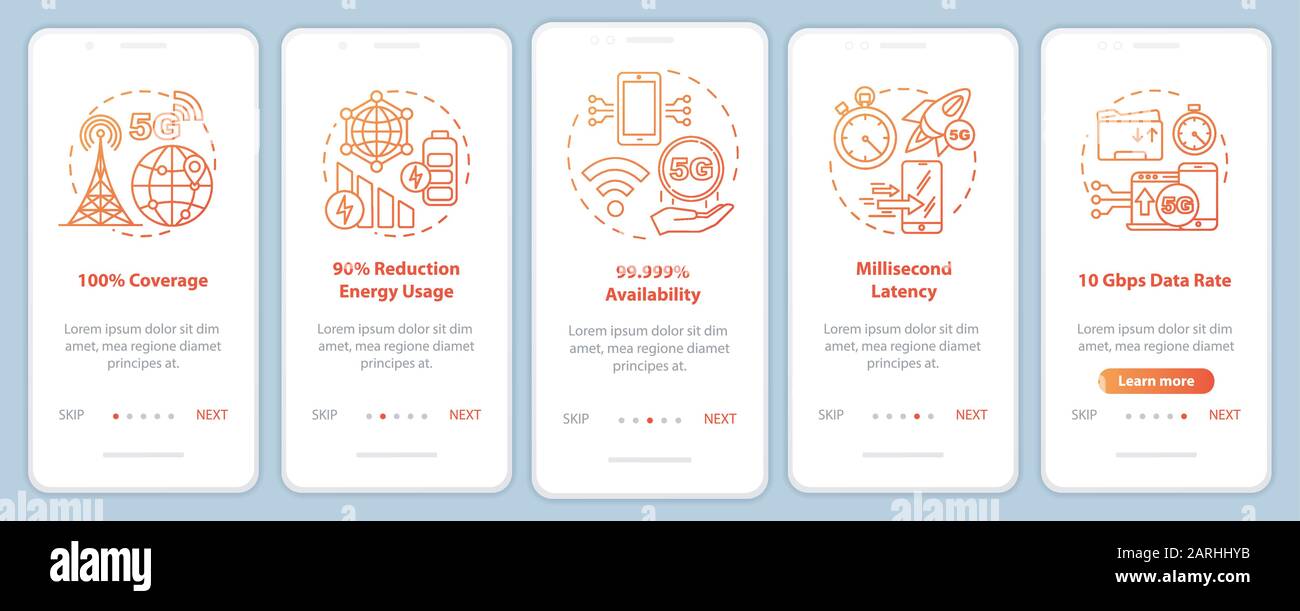 5G technologies onboarding mobile app page screen vector template. Millisecond latency. 100% coverage. Walkthrough website steps with linear illustrat Stock Vector