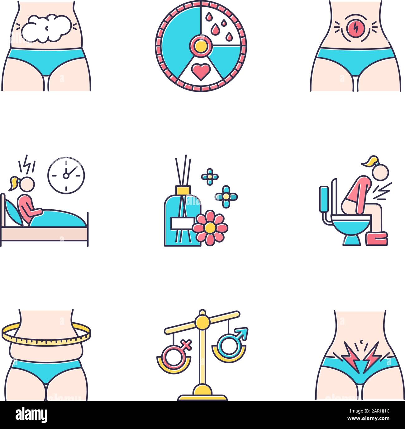 Menstrual cycle color icons set. Predmenstrual syndrome. Bloating