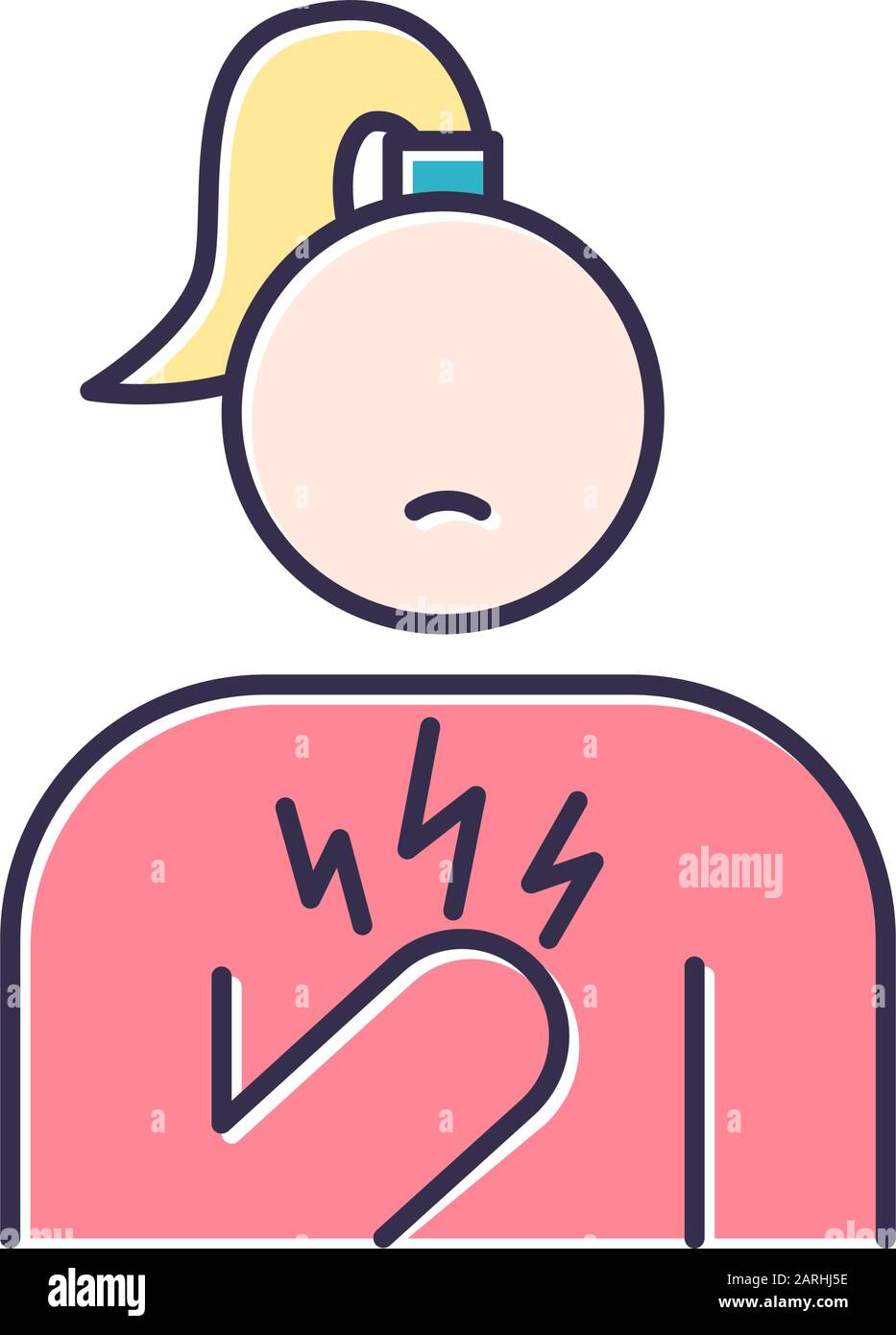 Chest pain color icon. Stressed girl. Anxious woman. Heart attack. Healthcare problem. Breathing