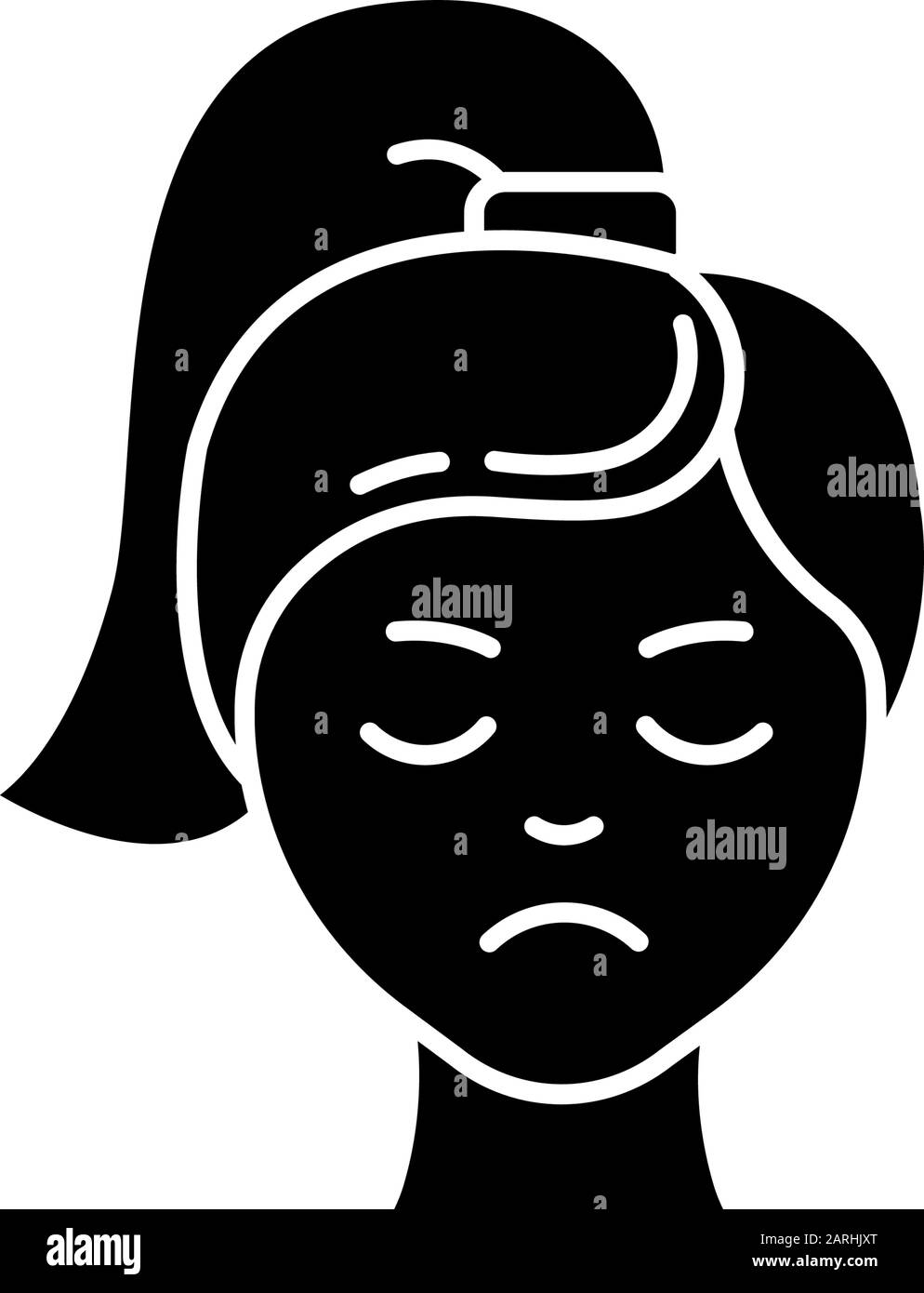 Sadness glyph icon. Unhappy expression. Low mood. Emotionally drained girl. Anxious woman. Loneliness. Depression and stress. Silhouette symbol. Negat Stock Vector
