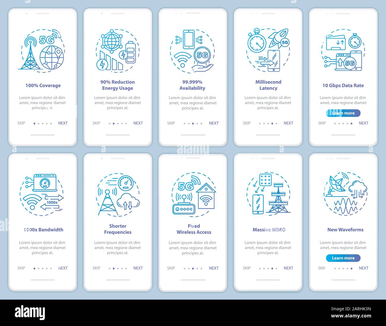 5G technologies onboarding mobile app page screen vector template. Fixed wireless access. Shorter frequencies. Walkthrough website steps, linear illus Stock Vector