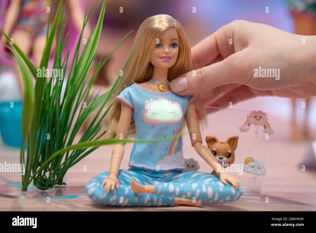 Nuremberg, Germany. 28th Jan, 2020. A and meditation doll from the U.S. toy manufacturer Mattel on display at the company's stand at the International Toy Fair . Mattel intends